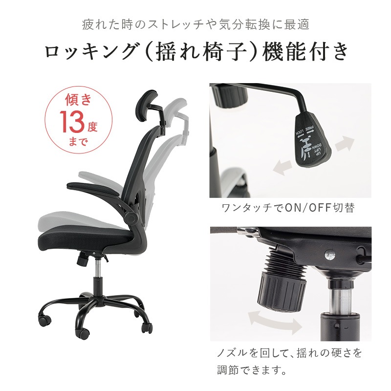 メッシュ生地の高機能オフィスチェア/多機能デスクチェア ヘッドレスト付き 跳ね上げアーム ロッキング機能 ランバーサポート キャスター付き 組立品