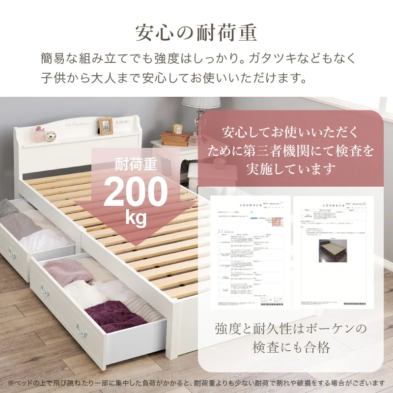 すのこベッド シングル フレームのみ ホワイト 引出し収納2杯付き 工具