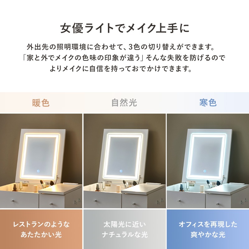 ドレッサー LEDライト付き スツールセット 幅51cm 2口コンセント付き