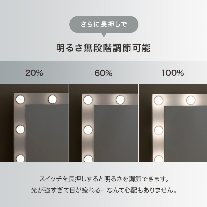 大きなミラー LEDライト付き ドレッサー スツール付き 2点セット 幅
