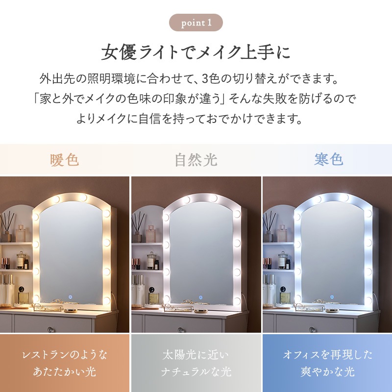 アーチ型ミラーとクリスタル調の取っ手が可愛いドレッサー＆スツール 2