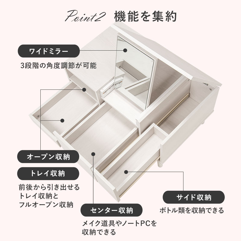 コスメテーブル 幅75㎝ ドレッサー コスメ収納テーブル ホワイト