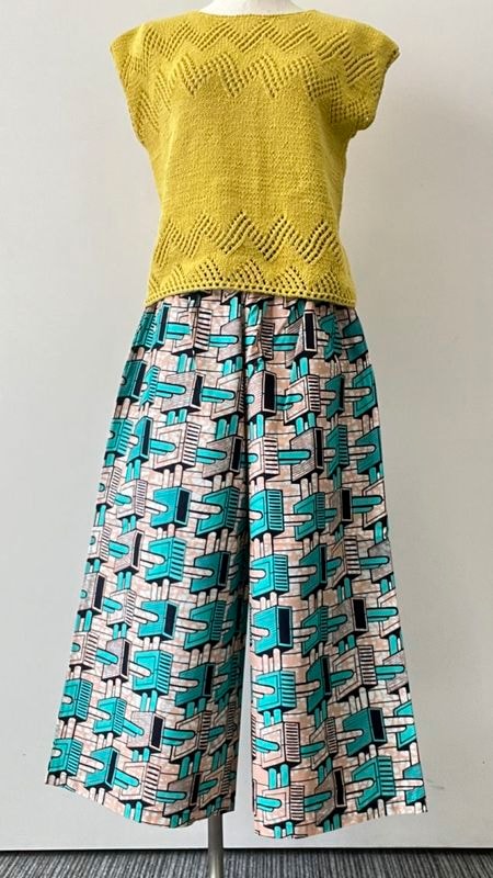 ワイドパンツ88cm  幾何学柄ブロック  ターコイズ