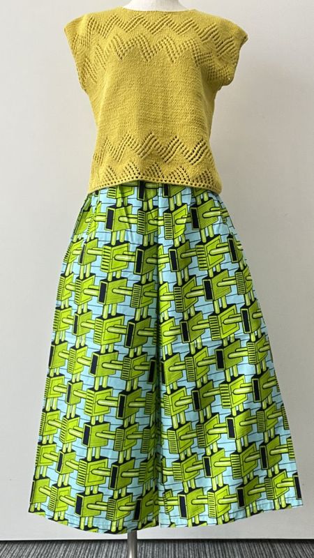 ワイドパンツ88cm  幾何学柄ブロック  パステルブルー×グリーン