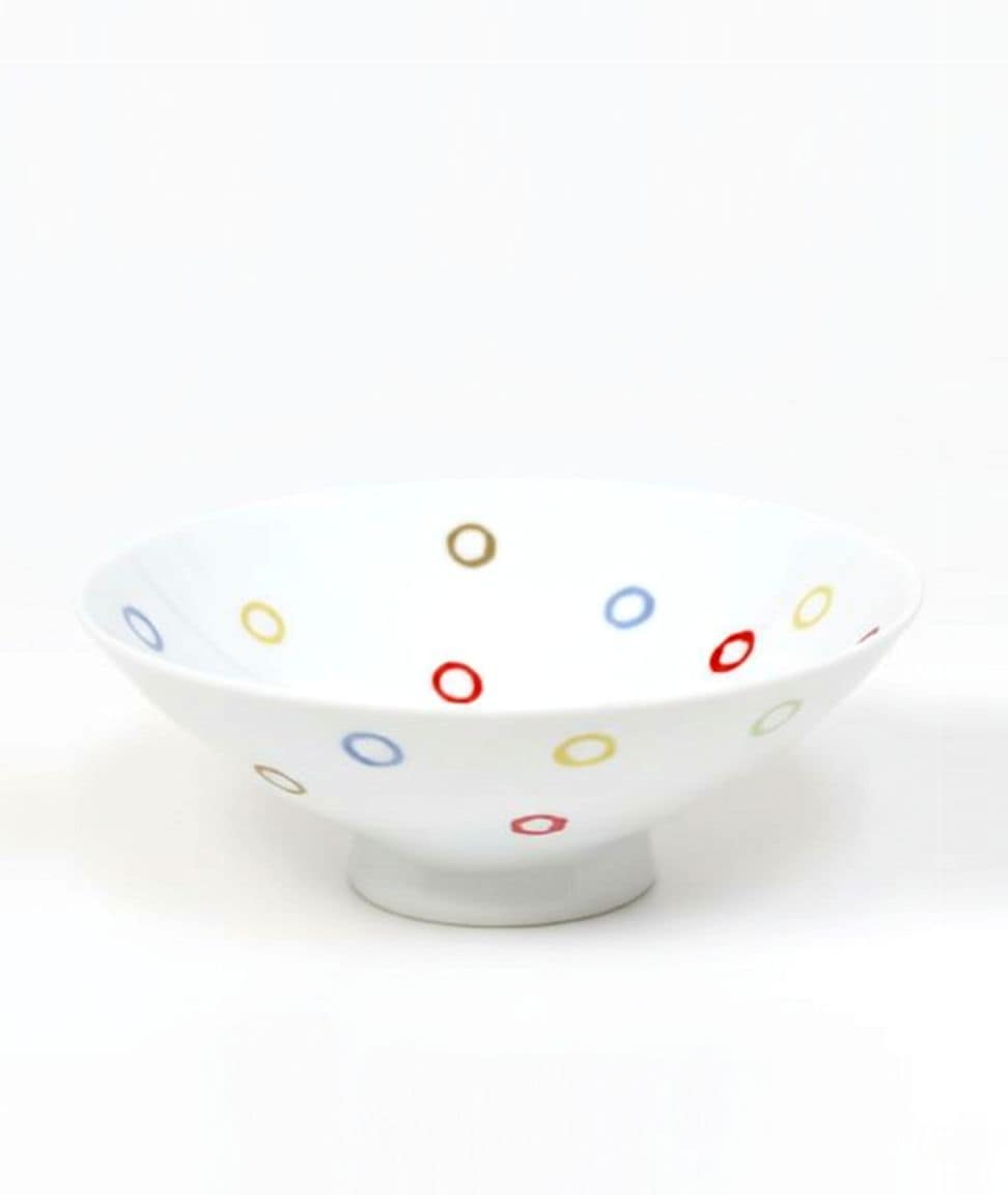 白山陶器 平茶わん（平形めし茶碗）白×カラフル水玉｜ラムフロム