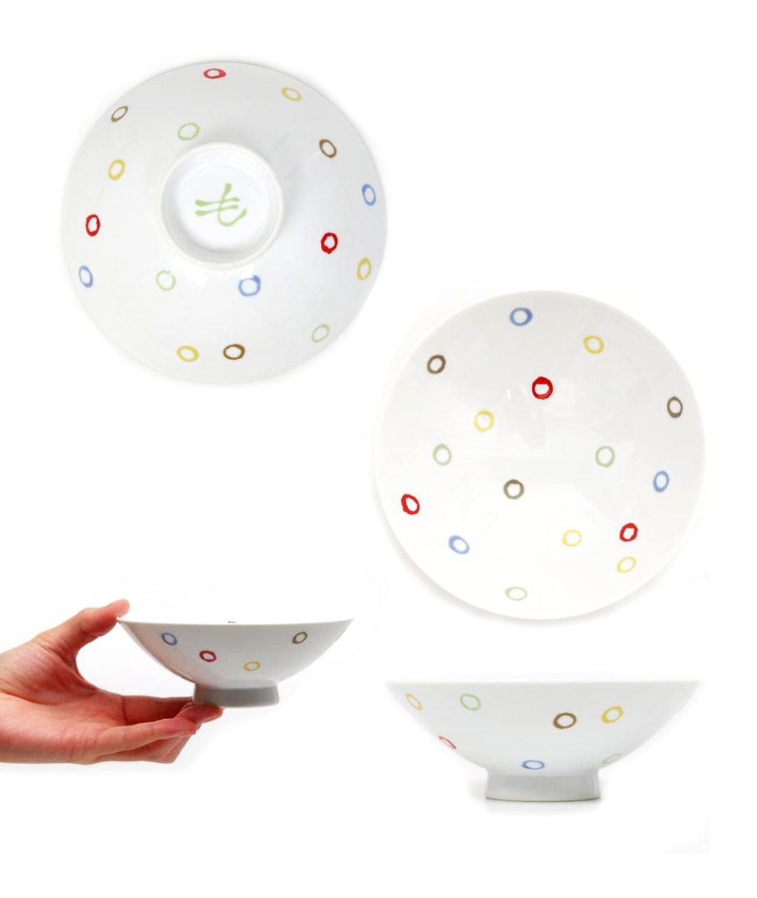 白山陶器 平茶わん（平形めし茶碗）白×カラフル水玉｜ラムフロム