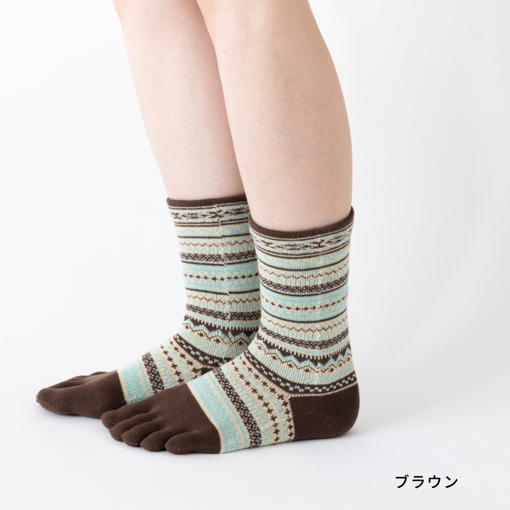 ジャカード ウール混 S(22-24cm) M(24-26cm) 【 40743 】 日本製 五本指靴下 五本指ソックス 5本指靴下 5本指ソックス レディース メンズ 暖かい クルー丈 保温 冷え取り