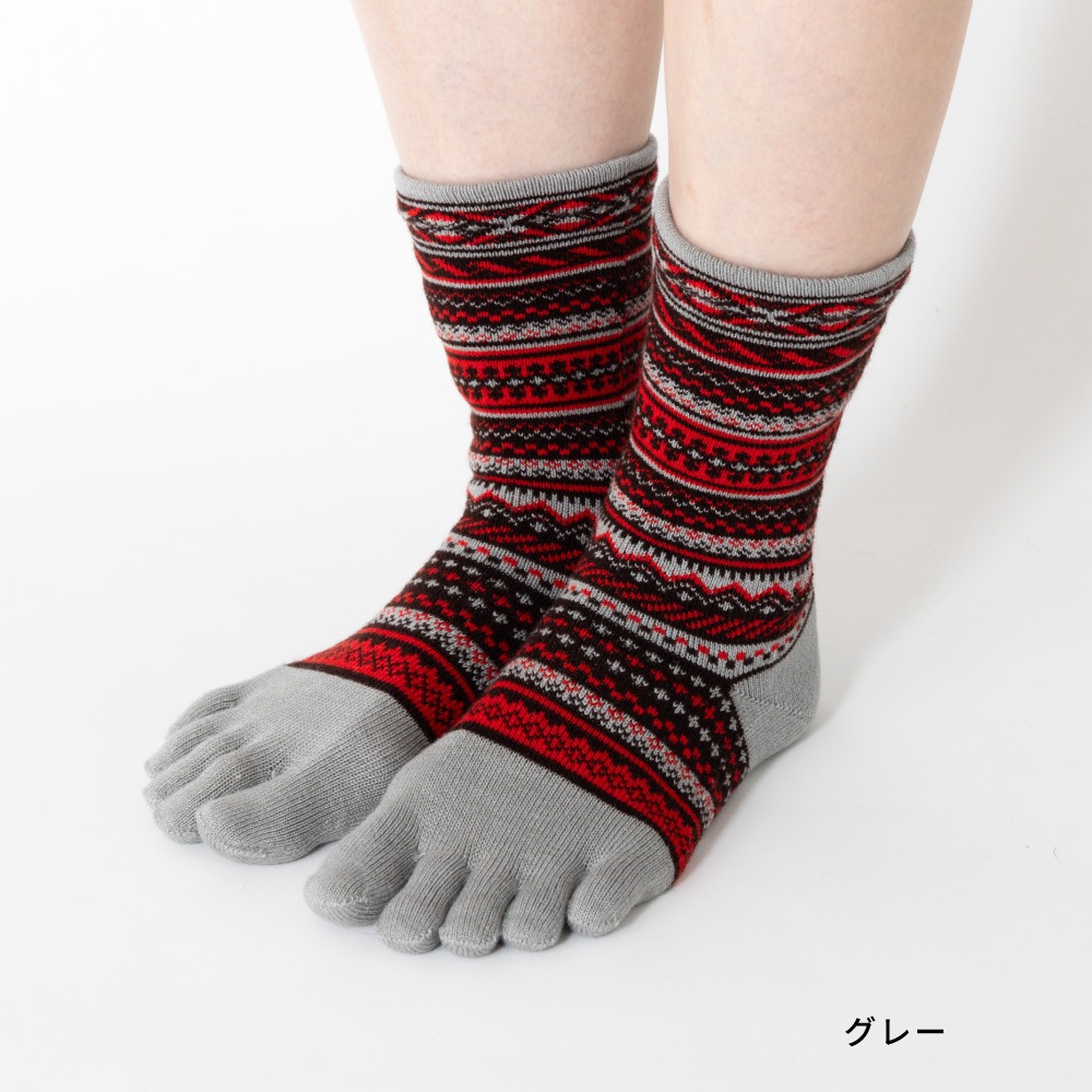 ジャカード ウール混 S(22-24cm) M(24-26cm) 【 40743 】 日本製 五本指靴下 五本指ソックス 5本指靴下 5本指ソックス レディース メンズ 暖かい クルー丈 保温 冷え取り