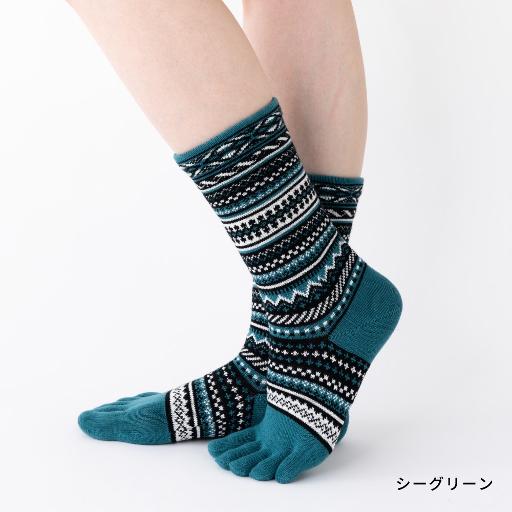 ジャカード ウール混 S(22-24cm) M(24-26cm) 【 40743 】 日本製 五本指靴下 五本指ソックス 5本指靴下 5本指ソックス レディース メンズ 暖かい クルー丈 保温 冷え取り