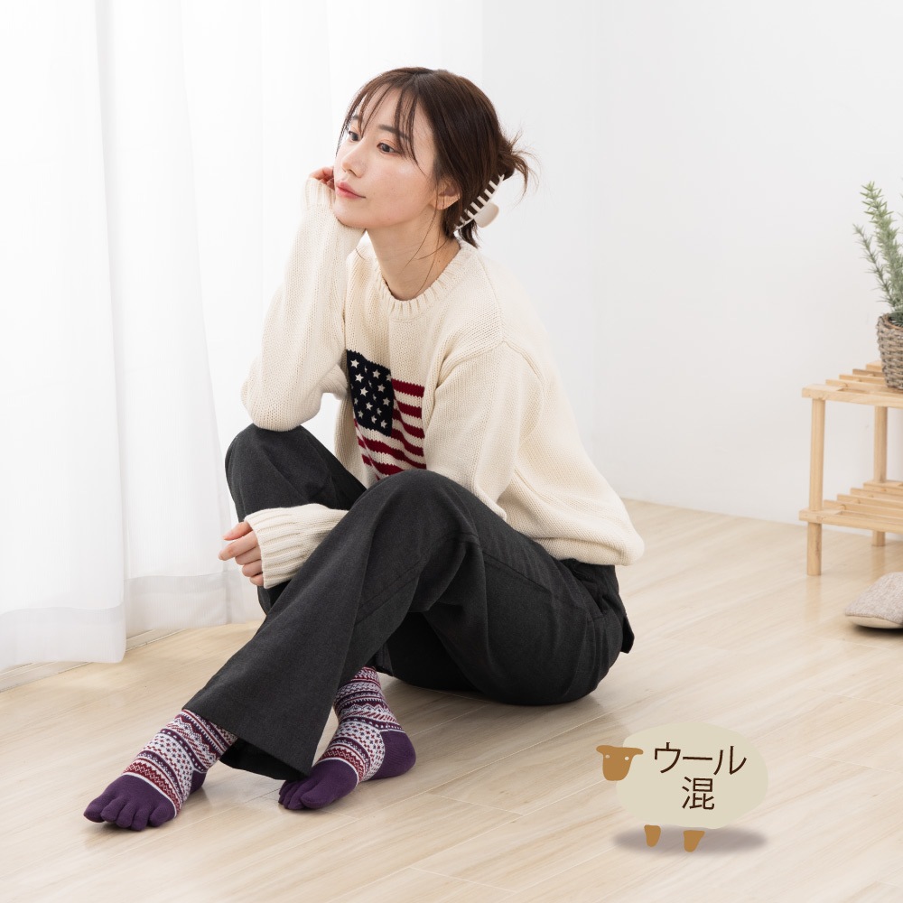 ジャカードウール混 S(22-24cm) M(24-26cm)【40893】日本製 五本指靴下 暖かい 冷え取り