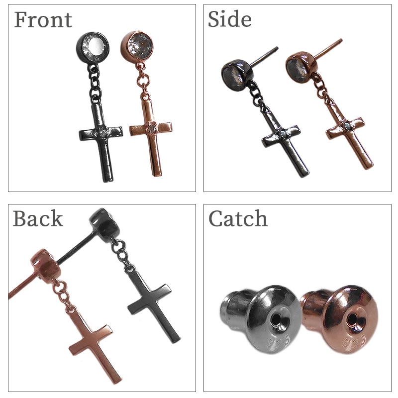 ペアピアス 揺れる 【cross クロス(十字架)】【ブラック＆ピンク】 キュービックジルコニア シルバー925 close to me ペアアクセサリー