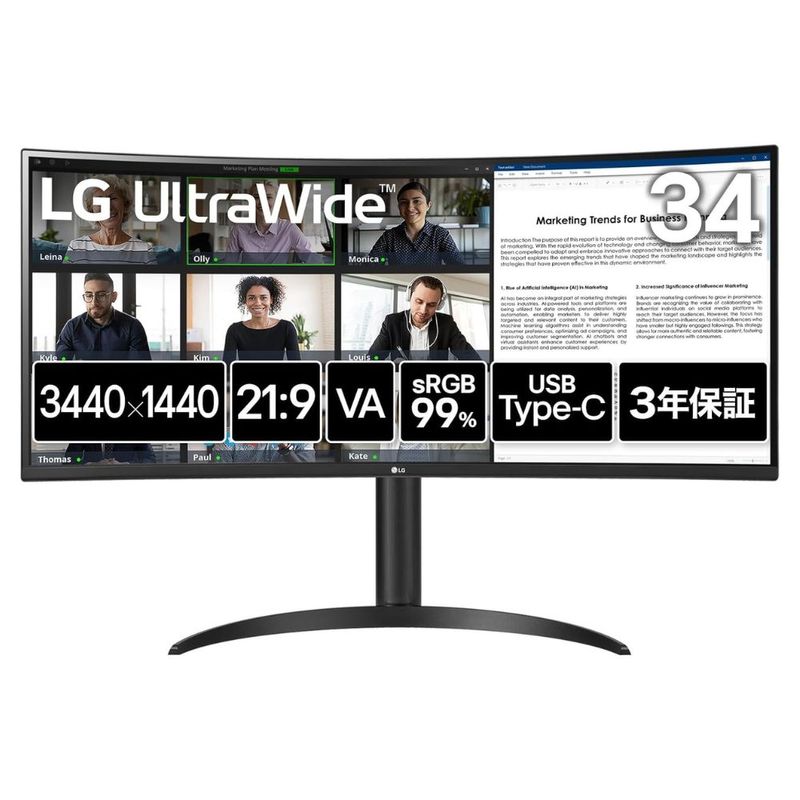 LG モニター UltraWide 21:9 ウルトラワイド モニター 34WR55QK-B ( 34型 UWQHD VA 非光沢 曲面型 DisplayPort HDMI USB Type-C チルト 高さ調整 Vesa 3年間保証 )
