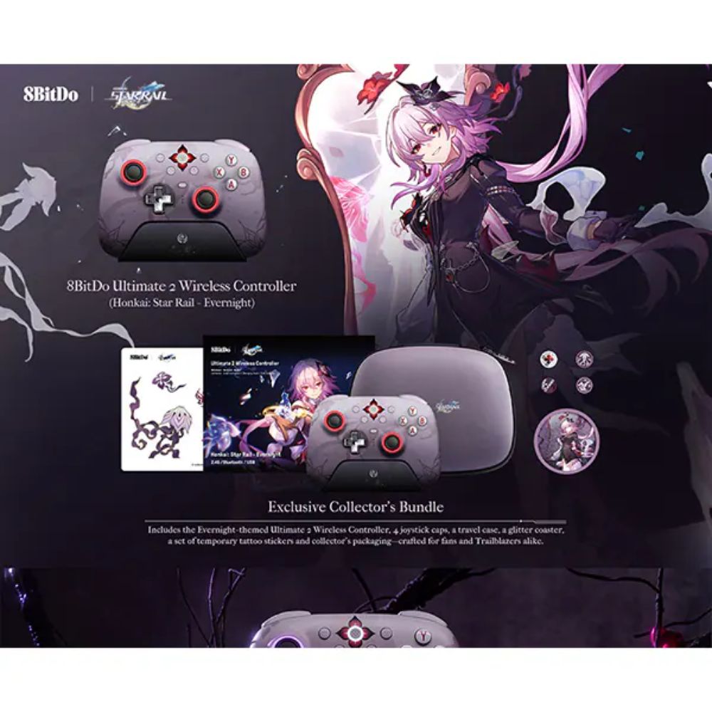 【8BitDo × 崩壊：スターレイル 長夜月コラボ】 Ultimate 2 Wireless Controller - Evernight 無線 有線 ゲームコントローラー ( Windows PC Mac OS Android iOS Bluetooth 2.4GHz USB-C to USB-A 充電台 トラベルケースつき )