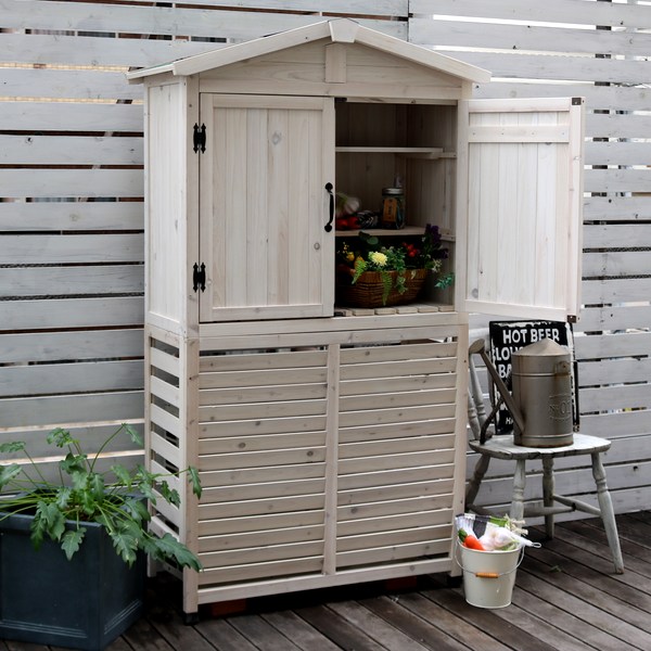 三角屋根 収納庫付き 室外機カバー 物置 ガーデニング 収納庫 省エネ 木製