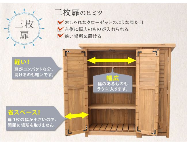 物置 木製 ライトブラウン 木製大型収納庫（三つ扉） KTDS1600LBR