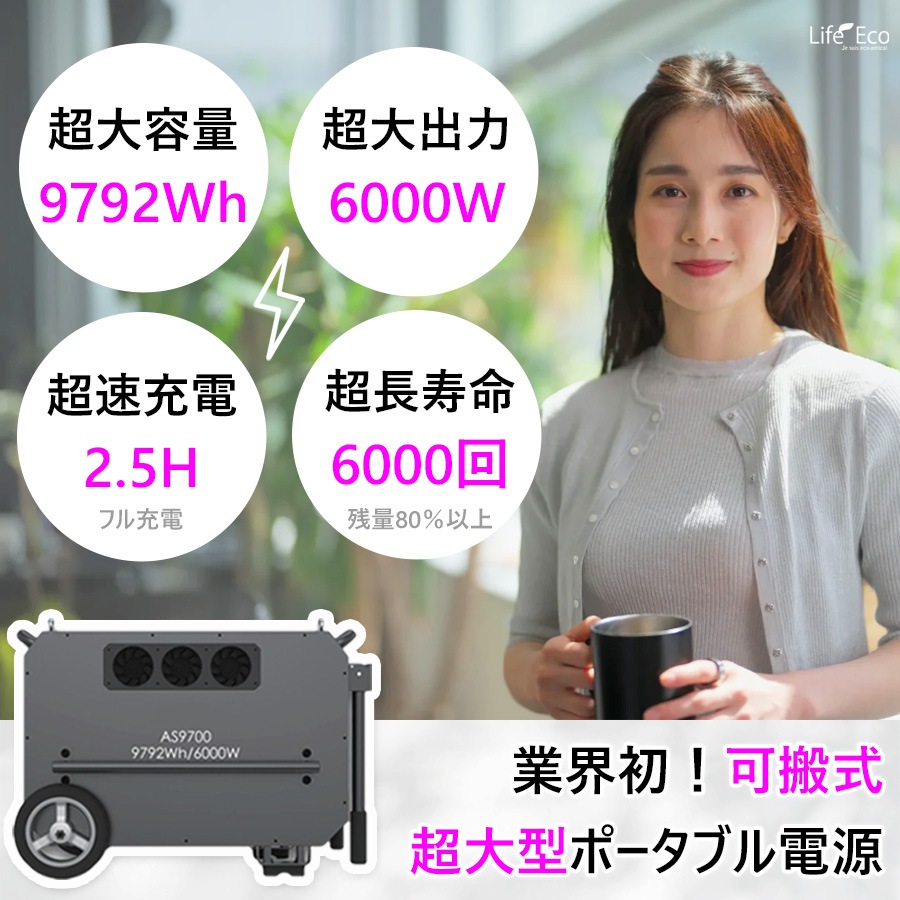 可搬式ポータブル電源・バッテリー AS9700【超大容量9792Wh】【超大出力6000W】【超速充電2.5時間】【超長寿命6000回】【組立て・設置工事不要】