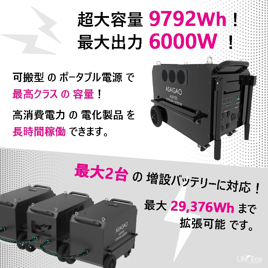 可搬式ポータブル電源・バッテリー AS9700【超大容量9792Wh】【超大出力6000W】【超速充電2.5時間】【超長寿命6000回】【組立て・設置工事不要】
