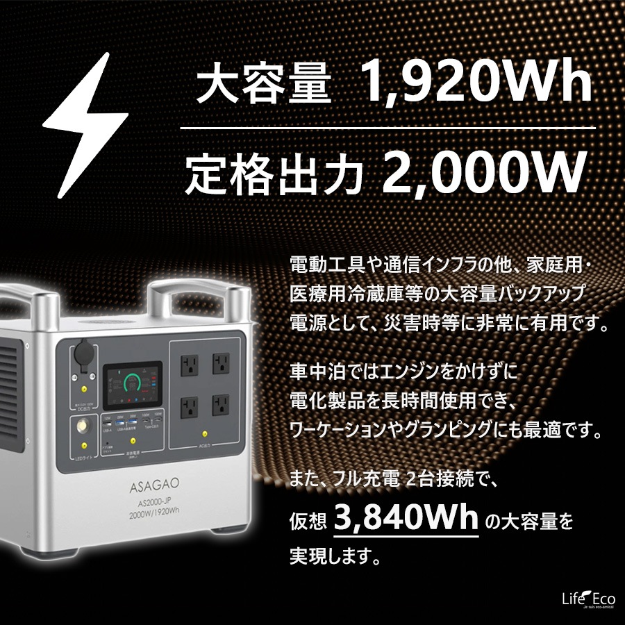 多機能ポータブル電源・バッテリー（蓄電池）AS-2000JP【大容量1920Wh】【最大出力2000W】【高速充電2時間】【組立て・設置工事不要】【送料無料】