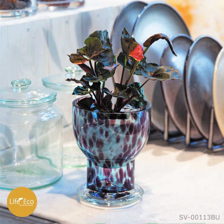 植木鉢 ガラス製インテリアポット グラッセ（GLACE） トール ブルー（青） φ13cm×H16.5cm（4号・4寸）【底穴有・受皿付】【送料E】