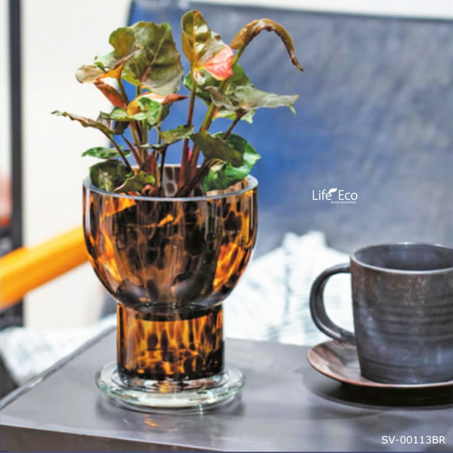 植木鉢 ガラス製インテリアポット グラッセ（GLACE） トール ブラウン（茶） φ13cm×H16.5cm（4号・4寸）【底穴有・受皿付】【送料E】