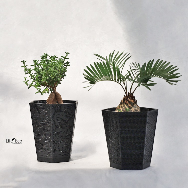 植木鉢 3Dプリンター製 ヘキサゴンジャイロメッシュ ブラック（黒）着脱式受皿付 / φ10.3cm×H13cm（3号）【送料D】