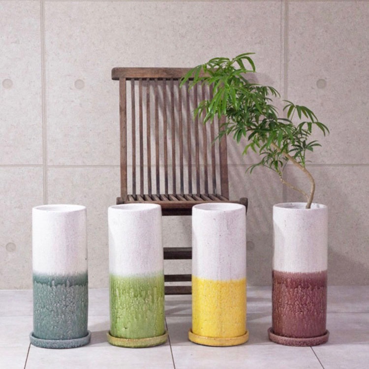 植木鉢 釉薬陶器製 インテリアポット シリンダー イエロー 黄(RA-AD023-180YE)  φ17.5cm×H45cm（6号）【送料B】