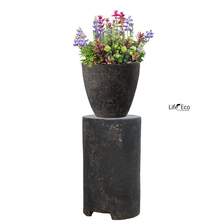 花台（鉢置台） テラコッタ製 ペデスタル トールシリンダー アンティークブラック（黒） φ22cm×H38cm【送料B】