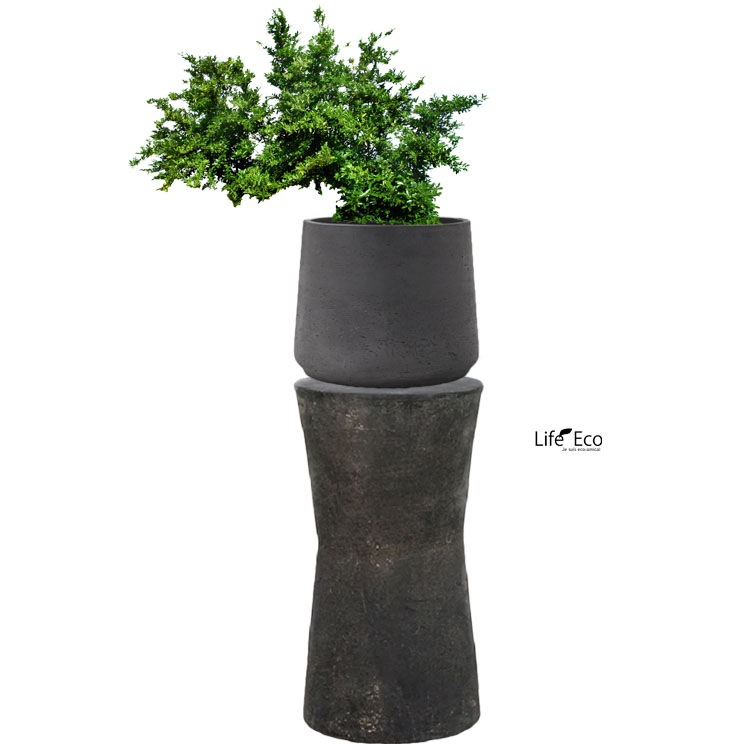 花台（鉢置台） テラコッタ製 ペデスタル ダブル アンティークブラック（黒） φ24.5cm×H45cm【送料E】