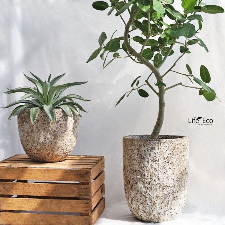 植木鉢 釉薬陶器製 大型 おしゃれ ボルカーノ ラウンド クリーム（ベージュ）φ46cm×H40cm（15号）【送料G】
