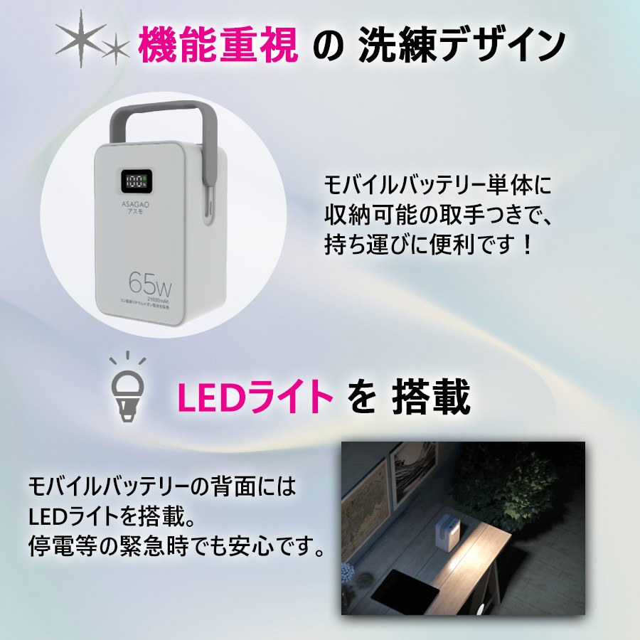 多機能ポータブル電源・バッテリー（蓄電池）アスモ AS69【大容量69Wh】【最大出力65W】【高速充電3時間】【組立て・設置工事不要】【送料無料】