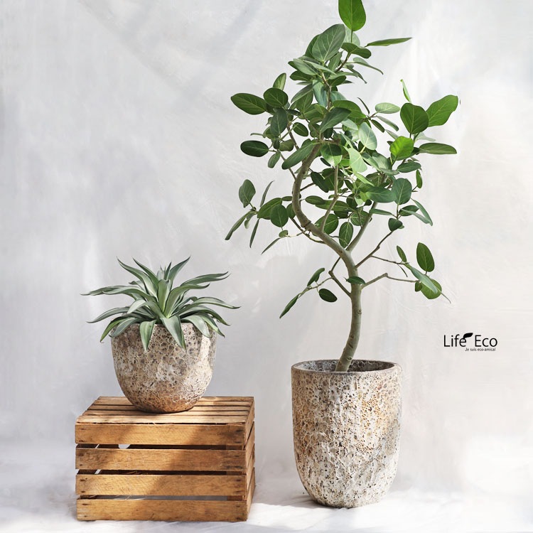 植木鉢 釉薬陶器製 大型 おしゃれ ボルカーノ ラウンド クリーム（ベージュ）φ39cm×H35cm（13号）【送料E】