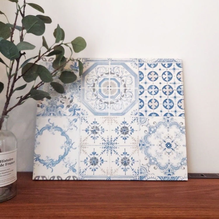 アートパネル（アートボード、インテリアパネル）アズレーション ブルー＆ホワイト（青・白）Mサイズ / W45cm×D38cm（厚み2cm）【送料B】