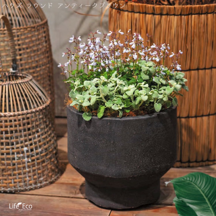 植木鉢 テラコッタ製 ハウズ（HOUZ） ミドルラウンド アンティークライトグレー（灰色） / φ23cm×H28cm（8号）【送料E】