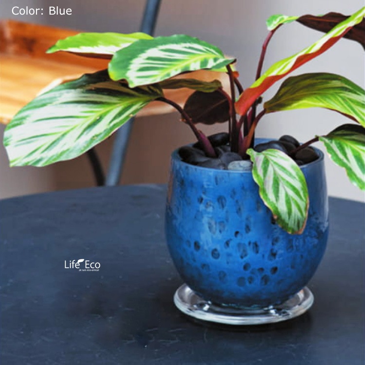 植木鉢 ガラス製インテリアポット メルト（MELT） エッグ ブルー（青） φ15cm×H16.5cm（5号・5寸）【底穴有・受皿付】【送料E】