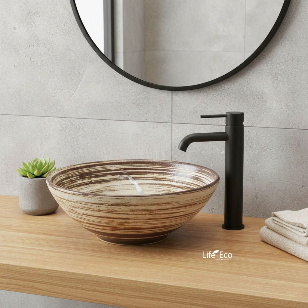 信楽焼 釉薬陶器製 洗面ボウル 刷毛目手洗鉢 和風洗面台（器具付）φ31cm×H10.5cm【日本製】【送料F】