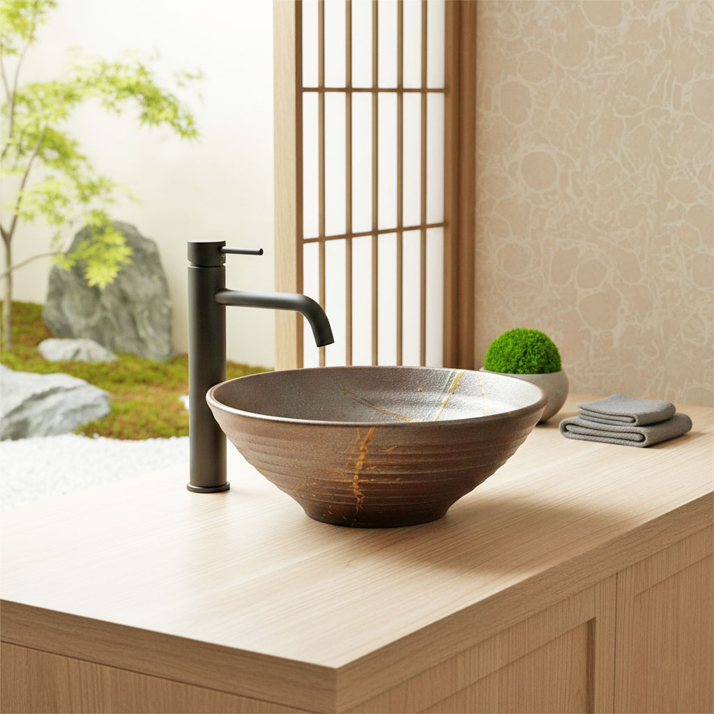 信楽焼 釉薬陶器製 洗面ボウル コゲ火色手洗鉢 ブラウン（コゲ茶）和風