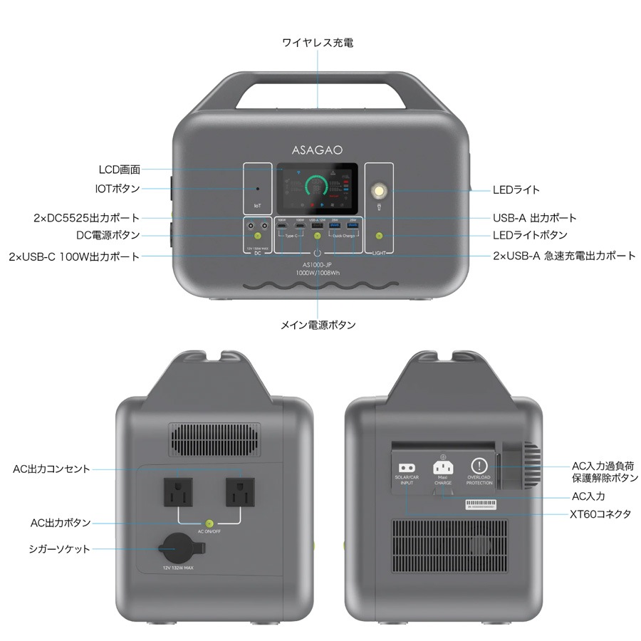 多機能ポータブル電源・バッテリー（蓄電池）AS-1000JP【大容量1008Wh】【最大出力1000W】【高速充電1.5時間】【組立て・設置工事不要】【送料無料】
