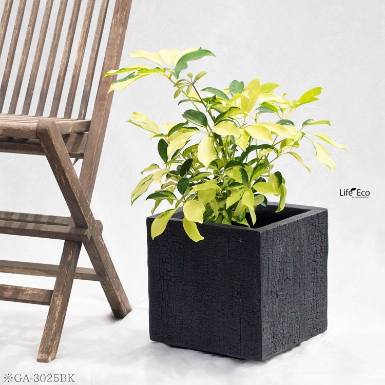 植木鉢 ファイバークレイ製 バーウッド キューブ ブラック（黒） □25cm×H25cm（8号）【送料D】