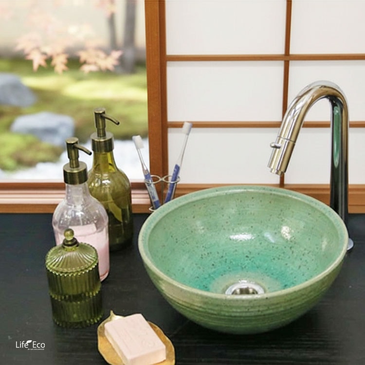 信楽焼 釉薬陶器製 洗面ボウル 緑釉うずしお手洗鉢 和風洗面台（器具付