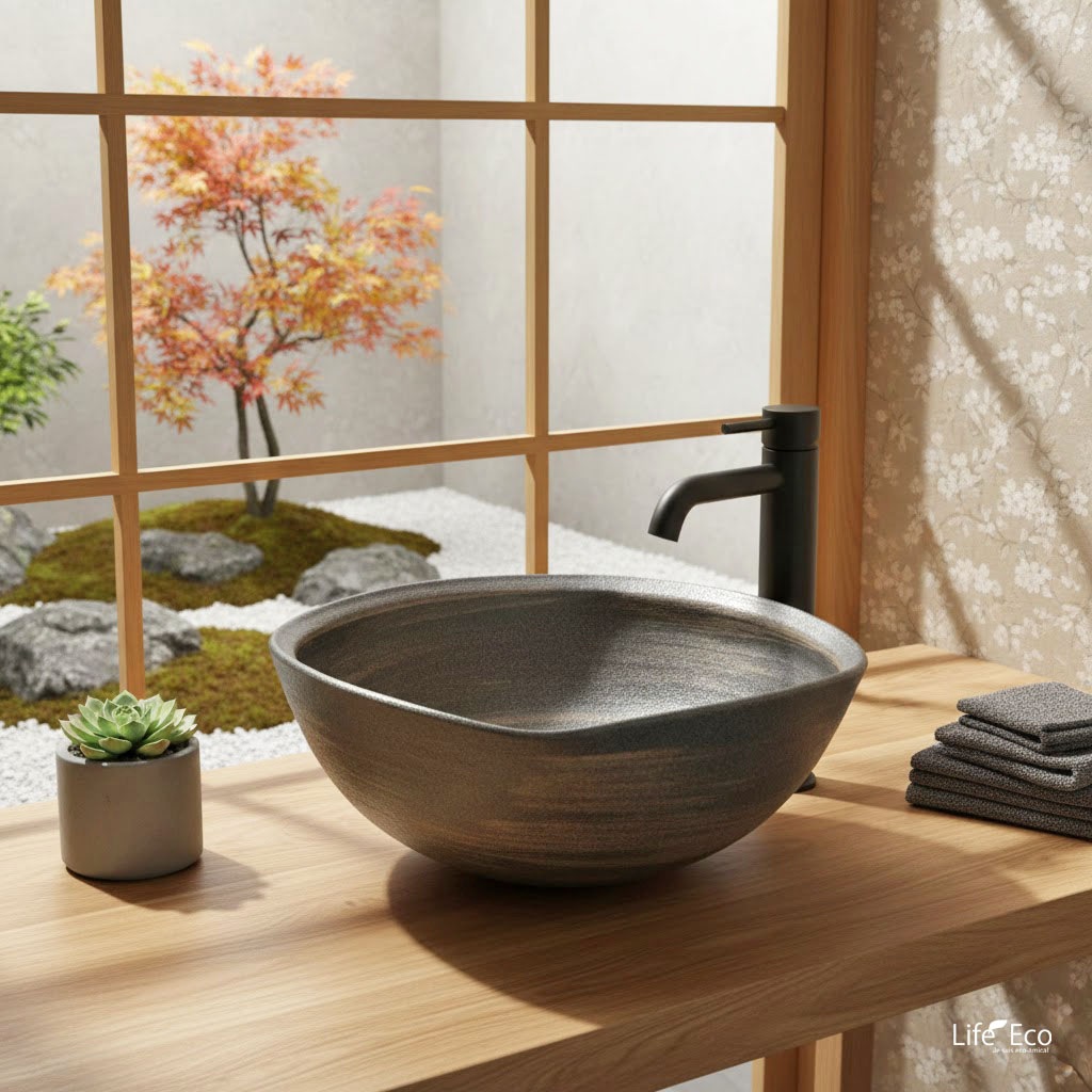 信楽焼 釉薬陶器製 洗面ボウル いぶし刷毛目手洗鉢 ブラウン（コゲ茶） 和風洗面台（器具付）φ26cm×H10.5cm【日本製】【送料F】