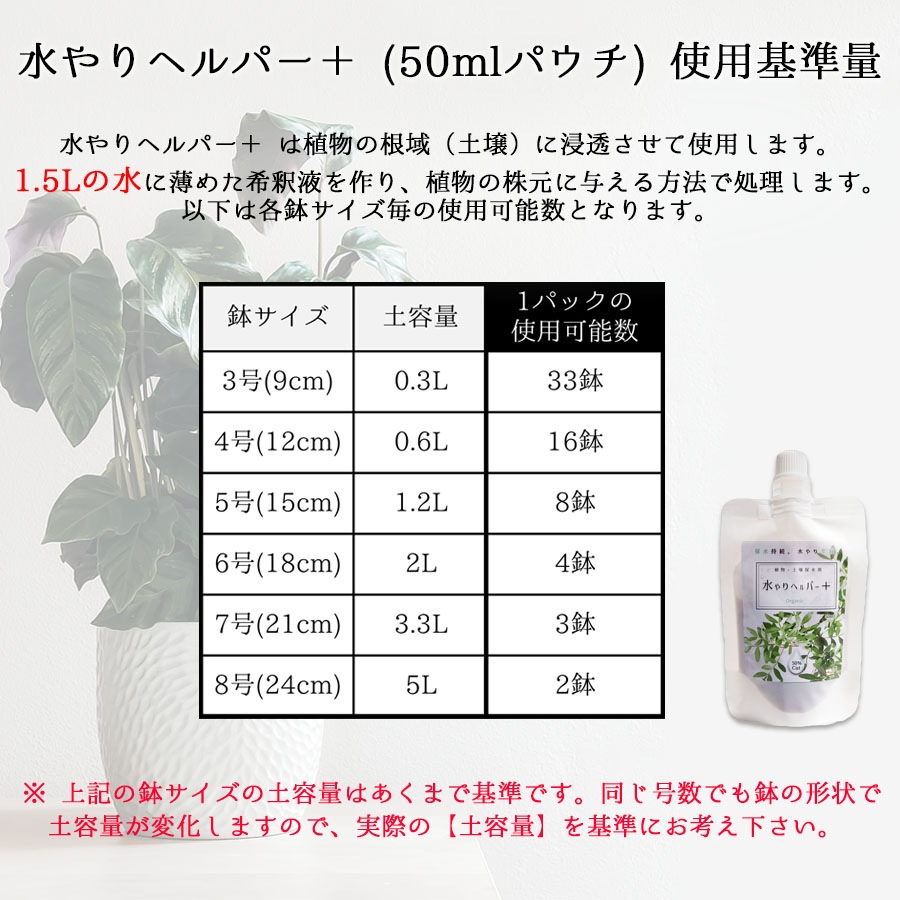旅行 出張 不在 植物管理 水やり自動 らく 水やり当番 水やり回数半減・保水力UP 水やりヘルパー+ （プラス） 50ml お手軽パウチタイプ / 植物用土壌保水剤 保湿剤（全植物用）【送料無料】