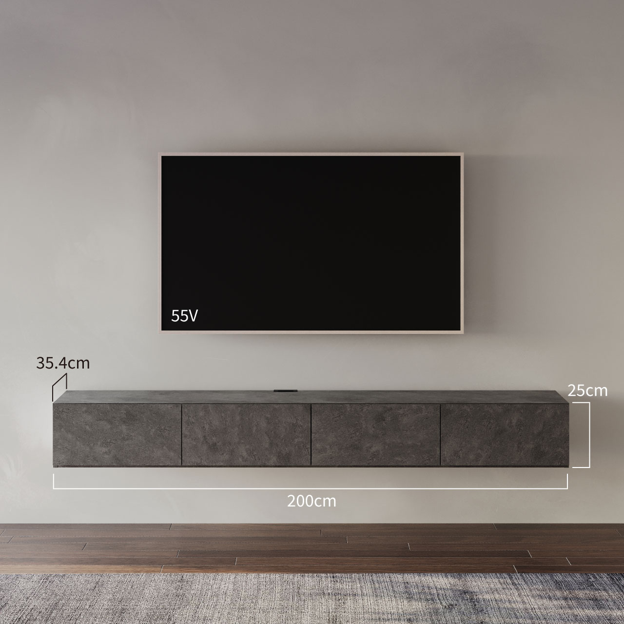 フロートテレビボード 幅200cm 奥行36cm リモコン操作可能 同色仕上げガラスフラップ扉 壁掛け セラミカネロ色 天板穴あけカスタマイズ MA-200FS91CN