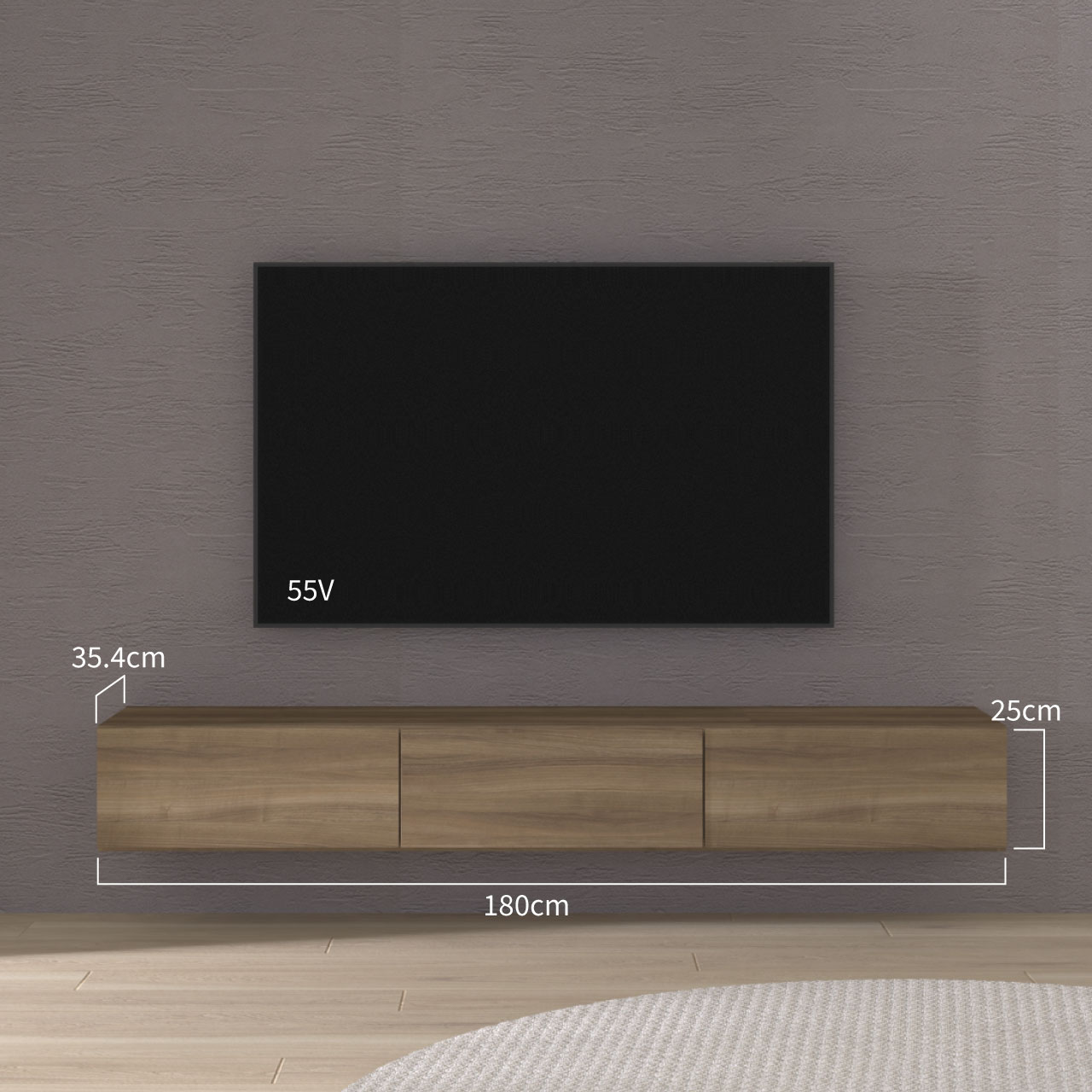 フロートテレビボード 幅180cm 奥行36cm リモコン操作可能 同色仕上げガラスフラップ扉 壁掛け グレイッシュナット色 MA-180FS9GN