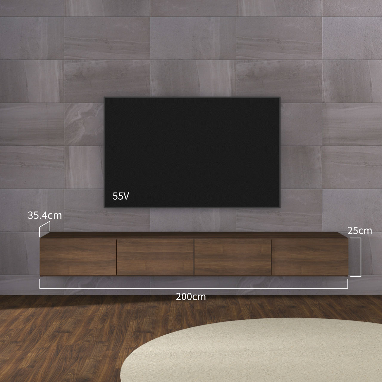 フロートテレビボード 幅200cm 奥行36cm リモコン操作可能 同色仕上げガラスフラップ扉 壁掛け ウォールナット色 MA-200FS9EN