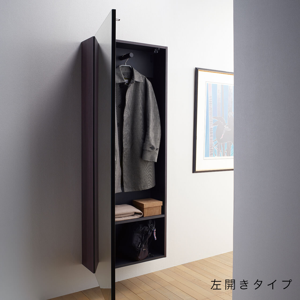 白い大型クローゼット箪笥（姿見付き） ワードローブ クローゼット 洋服タンス 収納 開き戸 服吊り 白