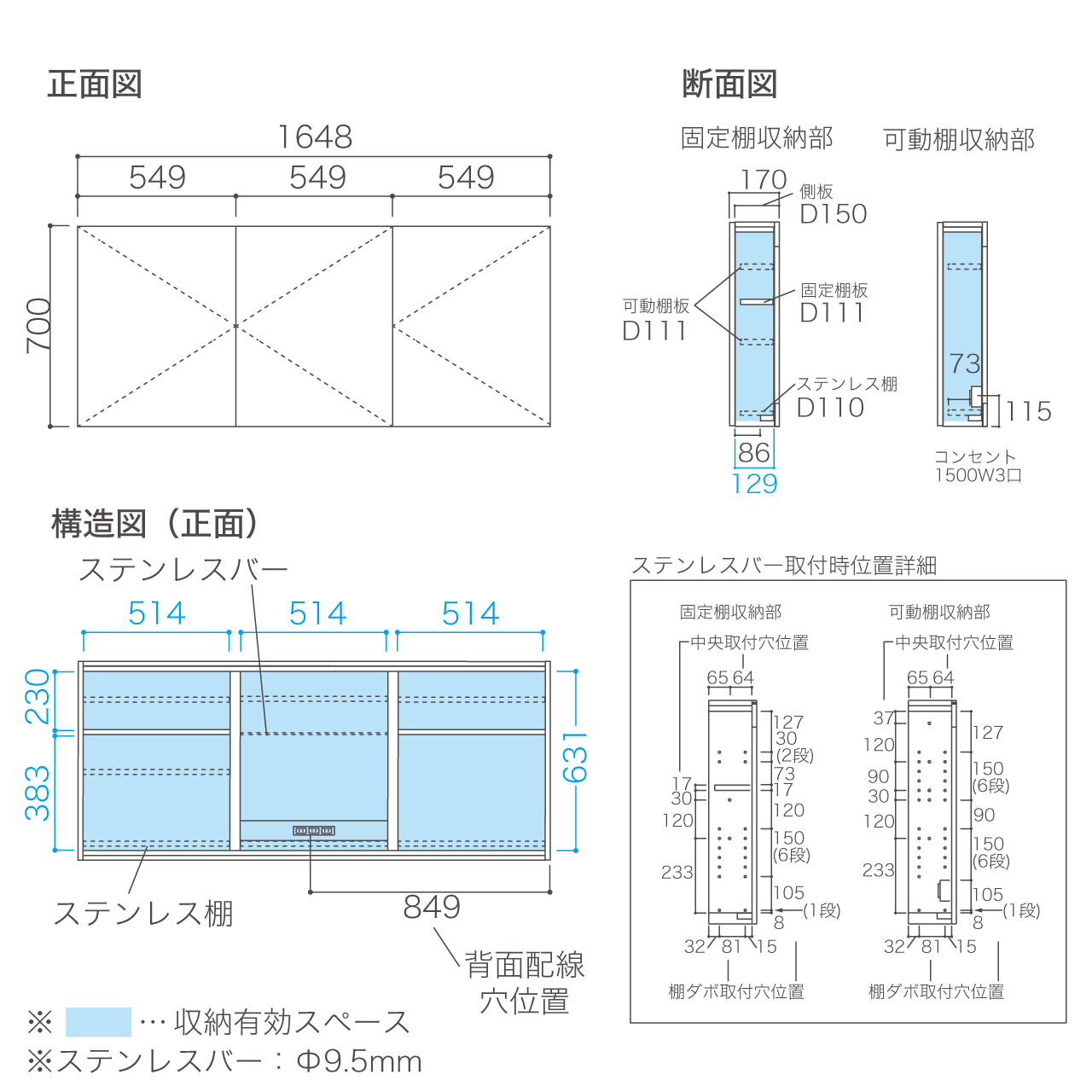 収納付きミラー 洗面所 幅165cm 奥行17cm 高さ70cm コンセント付き 鏡