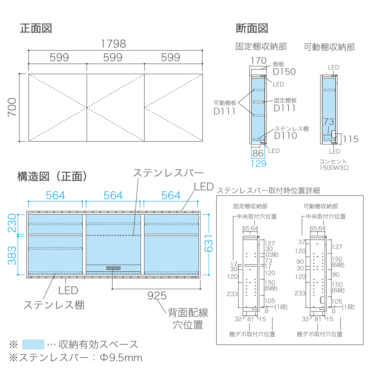 収納付きミラー 洗面所 幅180cm 奥行17cm 高さ70cm LED照明