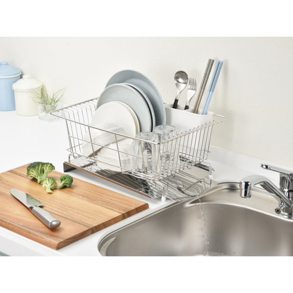 水切りラック シンク上 水が流れるトレー付 横型 水切りかご