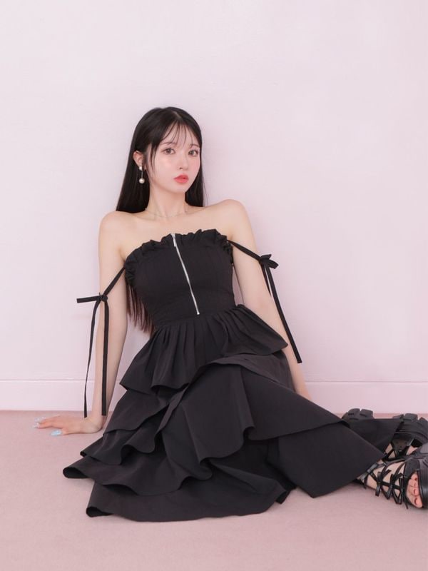 トップス mmeeme Ribbon bijou peplum cami bustier M me eme/【summer SALE】Ribbon bijou peplum cami bustier