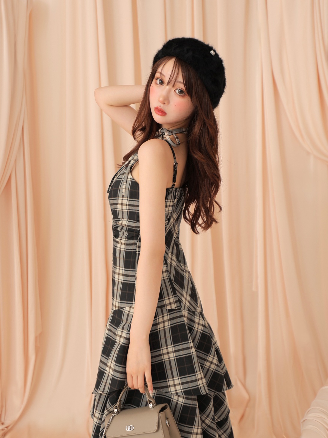 M me eme／【Pre Order】Check asymmetrical camisole onepiece